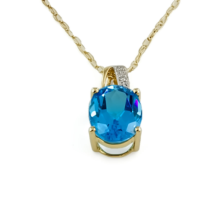 9ct gold Blue Topaz / Diamond Pendant with chain